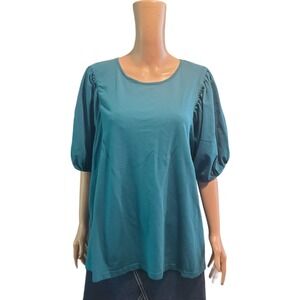 Jack + Avery Size 3X Teal Puff Sleeve Keyhole Back Tie Blouse Top 100% Cotton